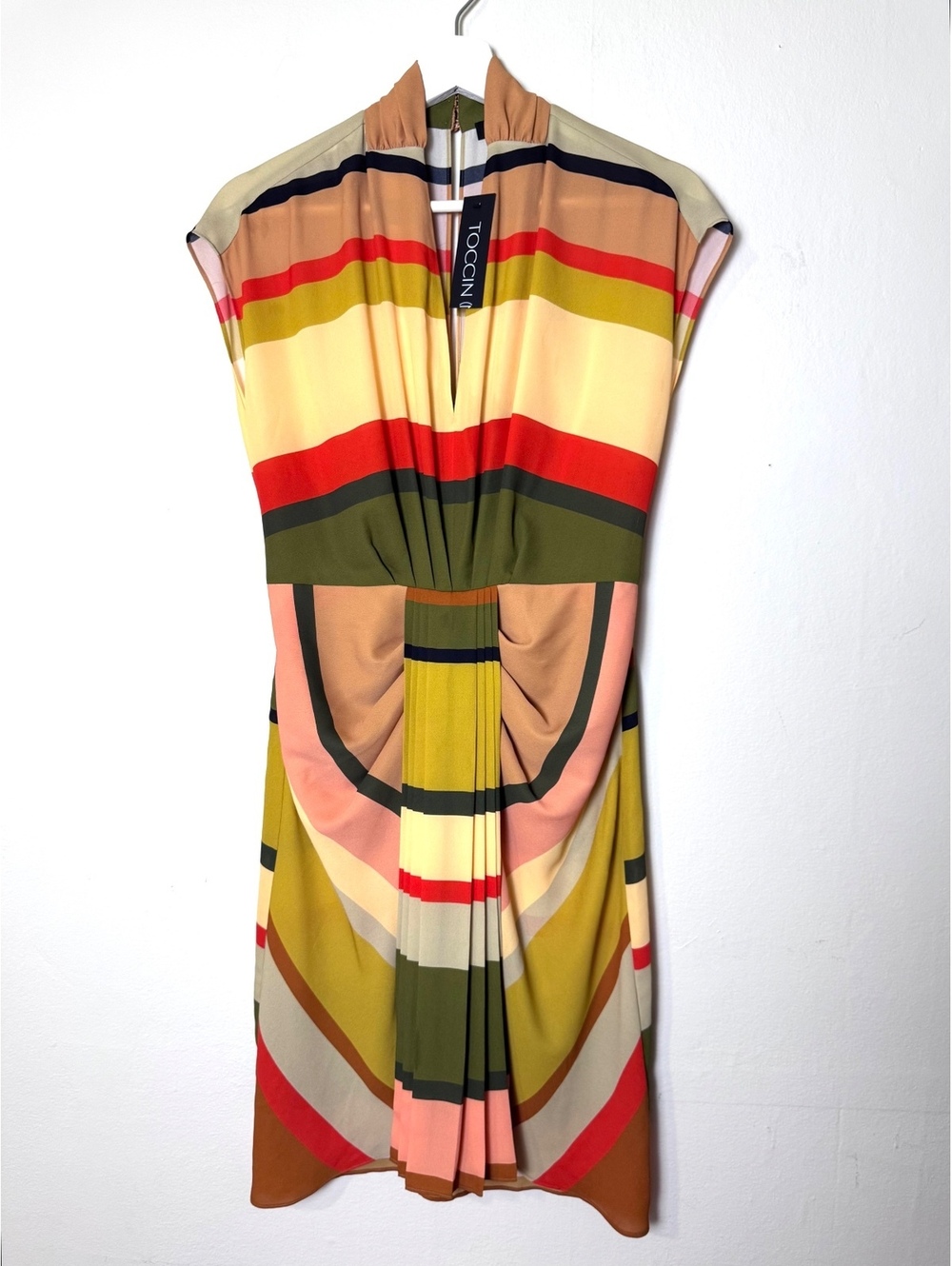 Toccin NY Striped sleeveless dress v-neck pink olive green coral NWT size 4